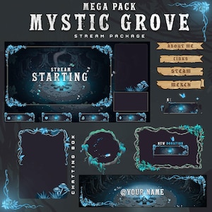 Puede incluir: Un paquete de transmisión digital "Mystic Grove" con un tema de bosque. Incluye superposiciones para streaming, como una pantalla de inicio, un cuadro de chat y paneles para "About Me", "Links", "Steam" y "Merch". El diseño presenta acentos azules e imágenes de bosque.