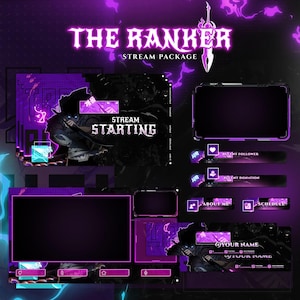 Peut inclure: Ensemble de streaming numérique avec un thème violet foncé et noir. Le design comprend une épée, une illustration de personnage et le texte "THE RANKER STREAM PACKAGE" et "STREAM STARTING". Éléments de superposition pour les alertes de followers et de dons.