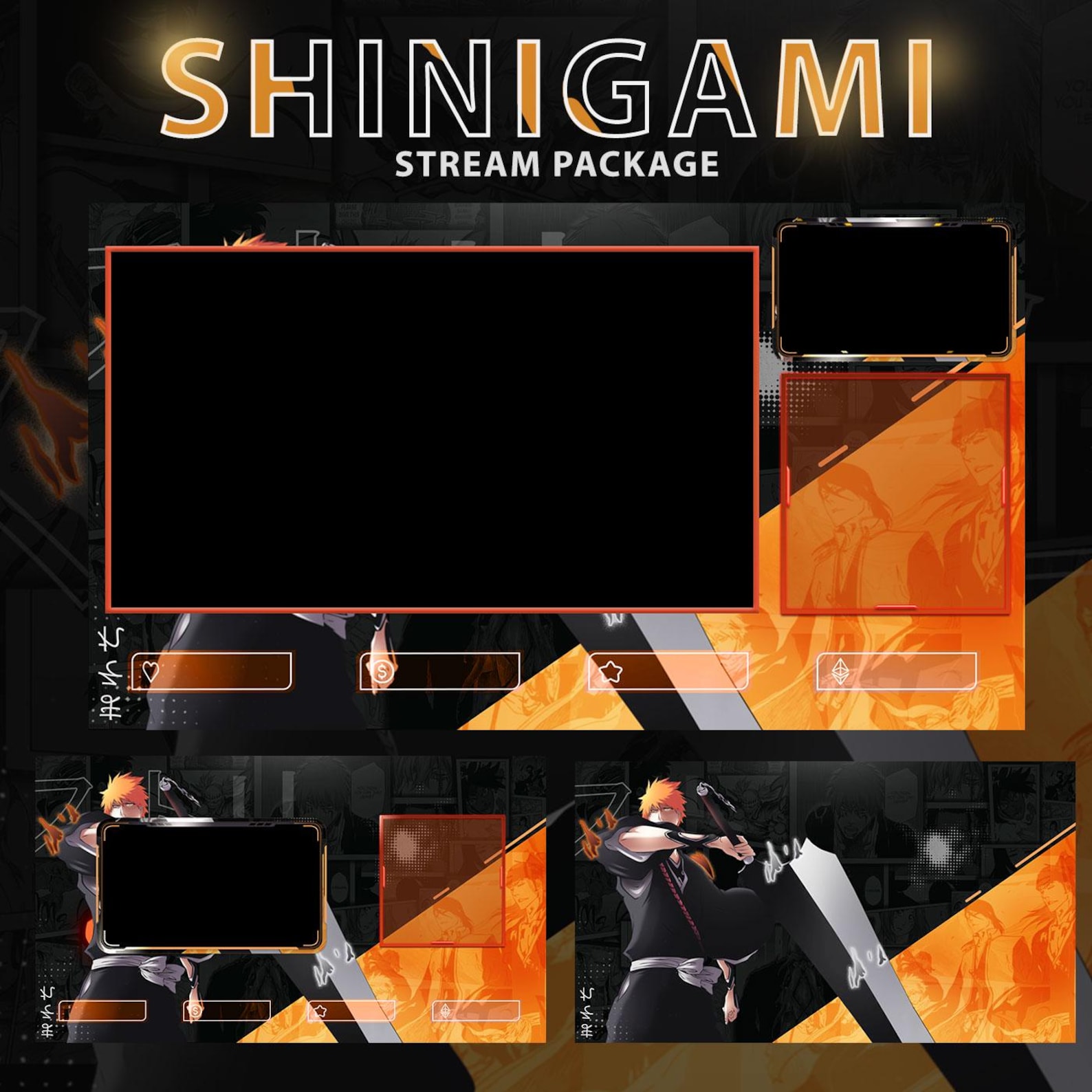 Anime Twitch Overlays Full Stream Package Orange Stinger Transition ...