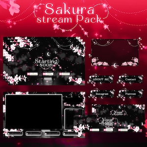 Pacote de transmissão completa de sobreposições do Twitch de Sakura Cherry Alertas animados de transição do Cherry Blossom Stinger
