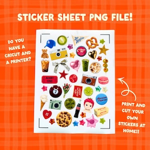 Könnte beinhalten: Eine Stickerbogen-PNG-Datei mit verschiedenen bunten Sticker-Designs. Enthält eine blaue Baseballkappe, gelbe Kameras, einen rosa Herzballon, eine Brezel und den Text "Los Angeles". Der Bogen hat auch den Text "Drucken und schneiden Sie Ihre eigenen Aufkleber zu Hause!!"