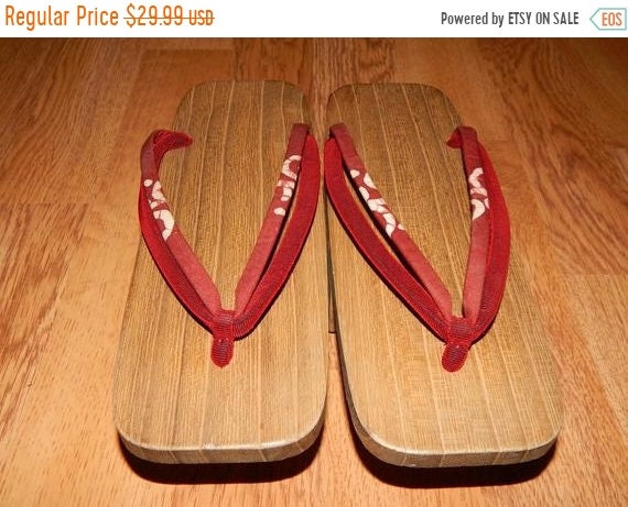 Japanese Red Brown Wooden Clogs Sandals Red Brown Thong Flip Flop Women Size 8