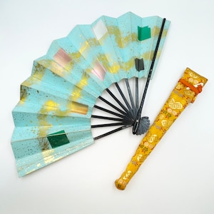 Leque de papel dobrável japonês Kyoto &quot;sensu 空&quot; com bolsa de tecido quimono, acessório para casa asiática