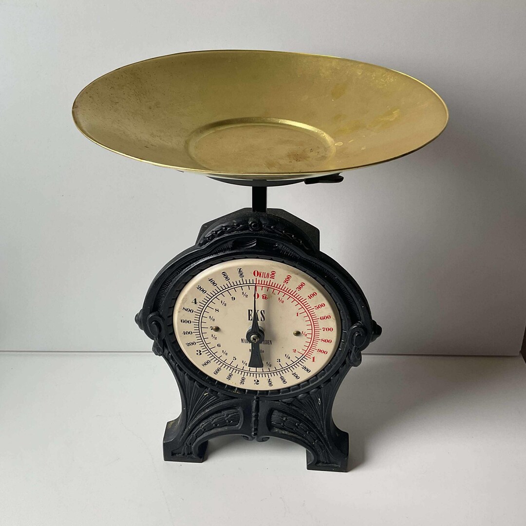 Rare Vintage EKS Ornate Black Cast Iron Upright Kitchen Scales