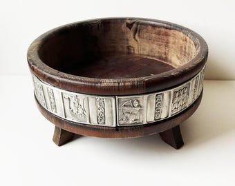 美しい手作りのノルウェー王オーラヴ・バイキング・ピューター製木製ボウル - 9インチ