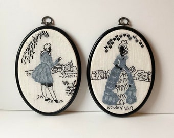 Vintage Viktorianische gestickte Nadelspitze Kunst: Frau & Mann Ovale Rahmen