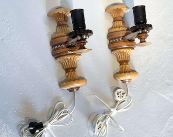 2 Vintage Norwegian Mid Century Metal and Wooden Craving Wall Light Lamps