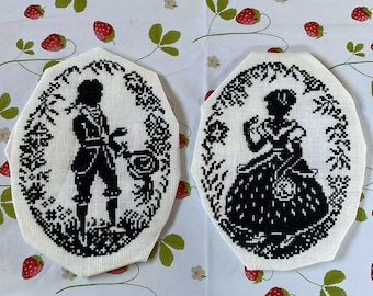 Ungerahmt 2 Vintage viktorianische gestickte Nadelspitze Kunst von Frau & Mann