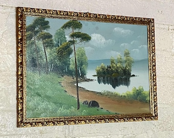 Vintage Mid century Norwegian Landscape Original Oil Painting with wooden framed.