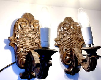 A Pair of Vintage Baroque Style Wooden Carved Wall Light Sconce Lamps