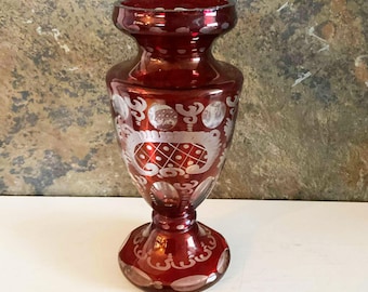 Egermann Bohemia Glass ガラス花瓶 レッド高さ約25㎝ Antique 1920s Czech Egermann Red Ruby Bohemian Glass Crystal Cut