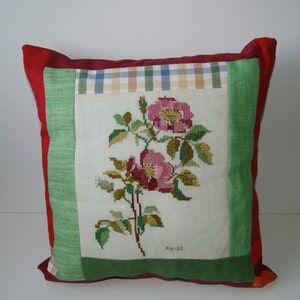 Vintage Rose Needlepoint Pillow: Hand-Stitched Cotton Cushion