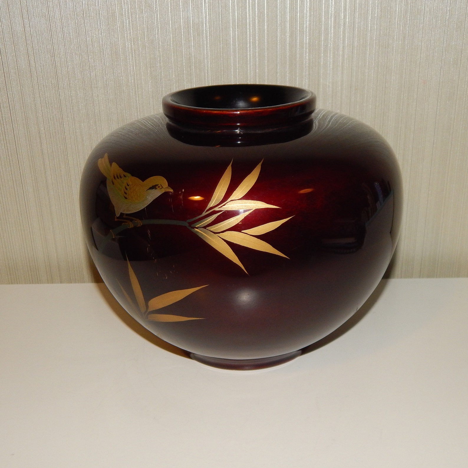 Vintage Japanese Hand Painted Golden Bird Lacquerware Vase Etsy