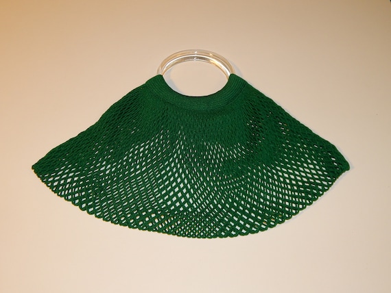 Vintage 70s Green Knit Crochet Fishnet Handbag Tot