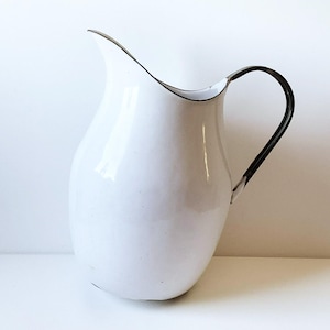 Vintage Danish White Porcelain Enamelware Water Pitcher Farmhouse Style Kitchen Decor