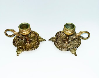 A Pair of Antique Ornate Brass Chamber Candlestick Candle Holder Home Decor