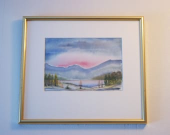 Original Norway Landscape Watercolor Painting with Wooden Frame