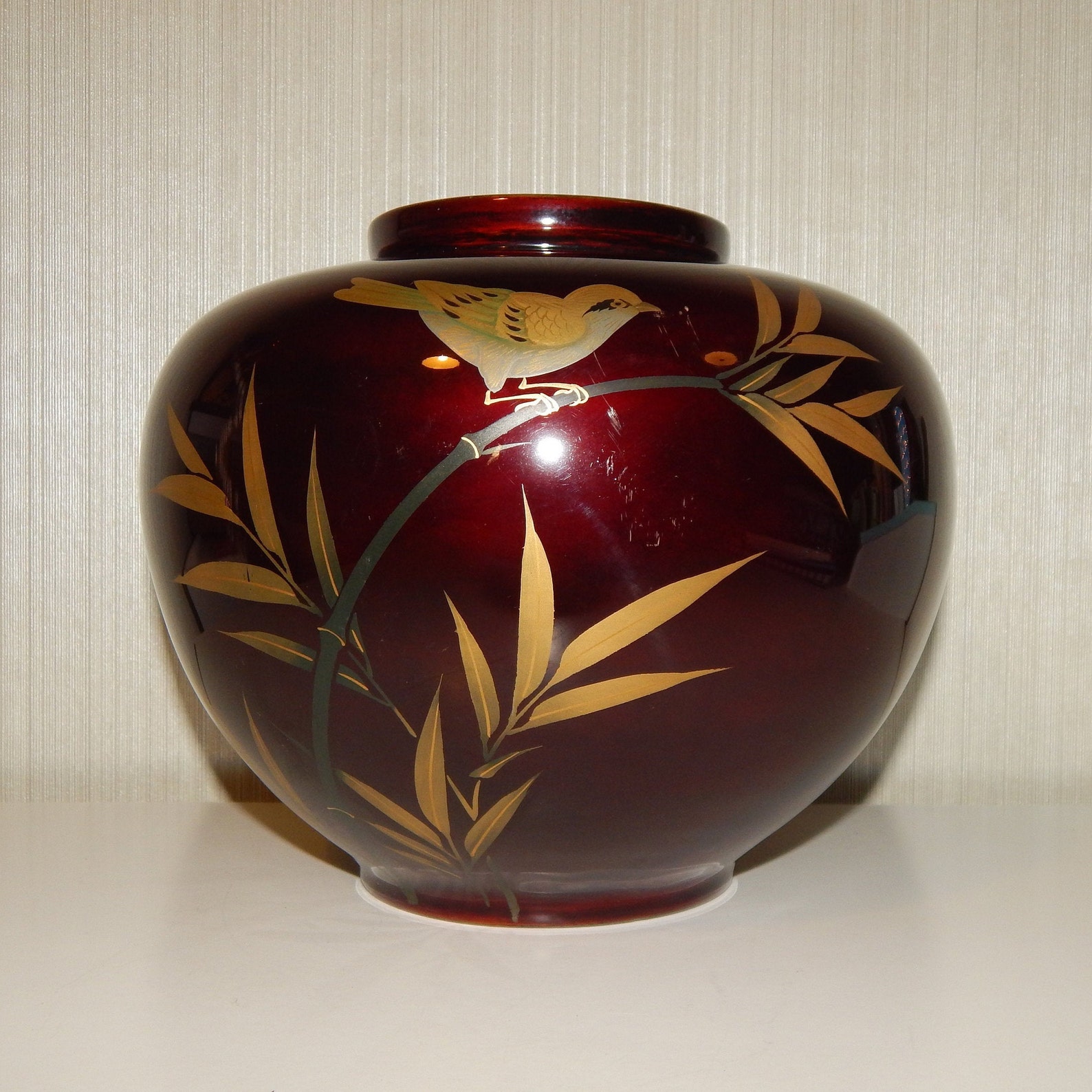 Vintage Japanese Hand Painted Golden Bird Lacquerware Vase Etsy