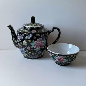 Vintage Chinese Millefleur Famille Noire Black Porcelain Floral Teapot and Small Bowl ZHONGGUO JINGDEZHEN Hand Painted with Defect