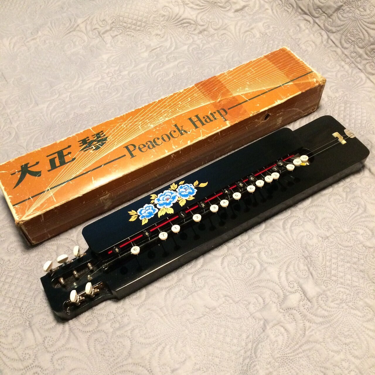 Peacock Harp Vintage Japanese Music Instrument Taishogoto with Original Box 63 inch Long