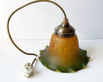 Vintage Art Nouveau Amber Green Glass Lily Lamp Shade, 7"