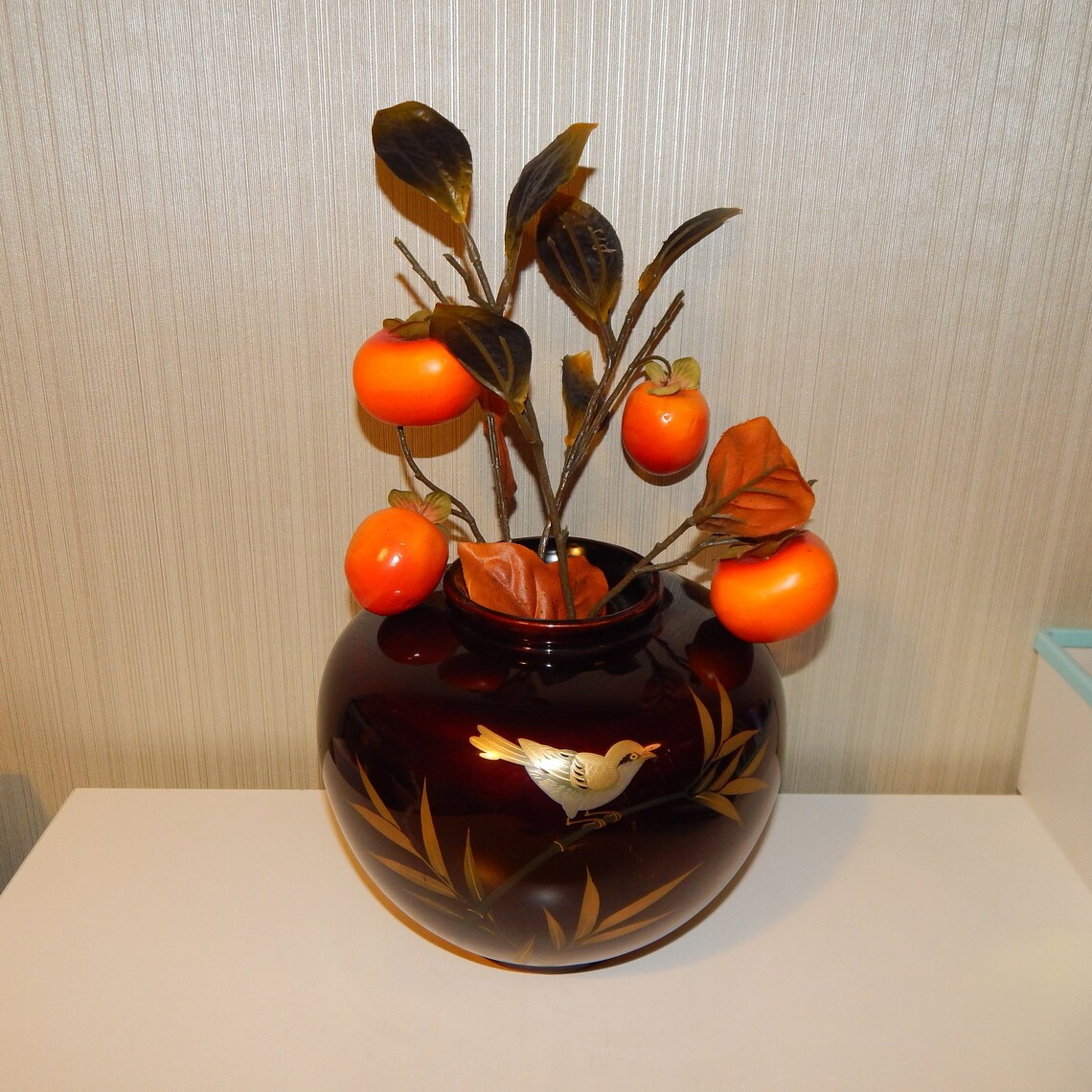 Vintage Japanese Hand Painted Golden Bird Lacquerware Vase Etsy