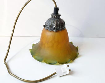 Vintage Art Nouveau Amber & Green Lily Glass Lamp Shade (7 inch)
