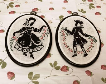 Vintage Viktorianische gestickte Nadelspitze Kunst: Frau & Mann Ovale Rahmen