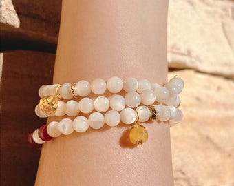 Mother-of-Pearl, Agate, Multi Layer Bracelet, Golden Lotus Charm, Handmade Jewelry