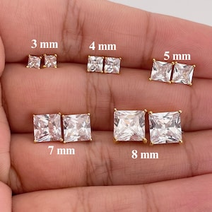 Orecchini a bottone con diamanti quadrati in oro / Orecchini a bottone in argento sterling placcato oro 18k / Orecchini con zirconi cubici / Orecchini a bottone da uomo 3-8 mm