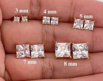 Gold Square Diamond Stud Earrings | 18k Gold-plated Sterling Silver Studs | CZ Earrings | Cubic Zirconia Studs | Men's earring studs 3-8mm