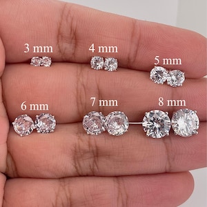 Silber Runde Diamant Ohrstecker | Runde Ohrringe | CZ Ohrringe | Zirkonia Ohrringe | Herren Ohrstecker 3-8 mm | Geschenk für Ihn