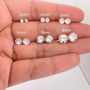 Orecchini a bottone con diamanti rotondi in oro / Orecchini rotondi / Orecchini in argento placcato oro con zirconi cubici / Orecchini a bottone da uomo 3-8 mm