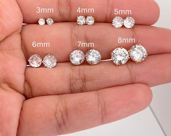 Gold Round Diamond Stud Earrings | Round Earrings | Gold-Plated Silver CZ Earrings | Cubic Zirconia Earrings | Mens Earring Stud 3-8mm