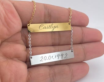Collar de barra grabado personalizado: acero inoxidable, oro o plata