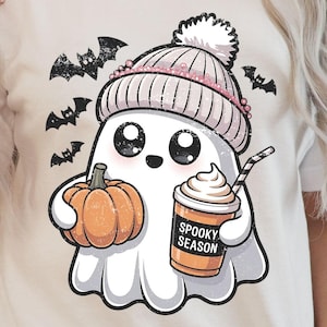 Kawaii Halloween Ghost PNG: Coffee, Pumpkin & Knit Beanie (Digital Download)