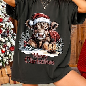 Highland Cow Christmas PNG | Farmhouse Holiday Digital Download, Rustic Cow in Scarf on Sled | Christmas Sublimation for Shirts, Mugs, Cards