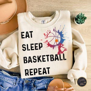 Eat Sleep Basketball Repeat PNG SVG, women&#39;s Basketball Clipart Girl Sports Quote, Design Basketball Sublimation Digital Download PNG Design
