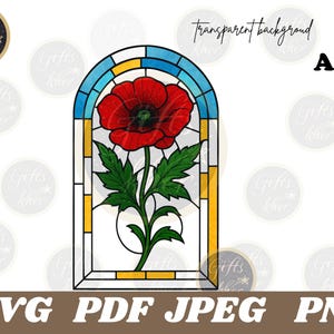 Poppy Flower Stained Glass Pattern SVG PNG  Floral Window Panel Design, DIY Glass Craft Template, diy Stained Glass, Instant Download