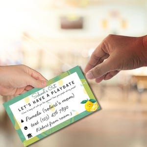 Tarjetas de juego para niños: tarjetas de contacto de verano personalizadas, invitaciones con temática de limón, tarjetas de fin de año para mantenerse en contacto