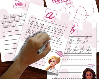 Cursive Handwriting Practice, homeschooll learning, Practice learning with motivational quotes on ever page, Digitally-download, Printable