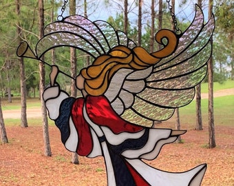 Stained Glass Angel Panel - Patriotic Red, White & Blue