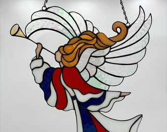 Stained Glass Angel Panel - Patriotic Red, White & Blue
