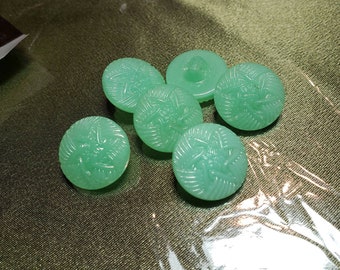Antique Czech Glass Buttons, Round, Mint Green, Light Green, Sea Foam, Star Pattern, Ribbed, Unique, Excellent Condition, 7 In Lot, 18 mm,