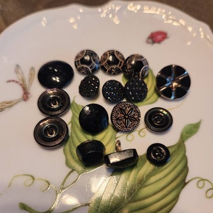 Antique Black Glass Buttons, Victorian Buttons, Circa 1900&#39;s, Button Jewelry, Dolls, Black Glass Buttons, Glass and Metal shanks, 16 In Lot