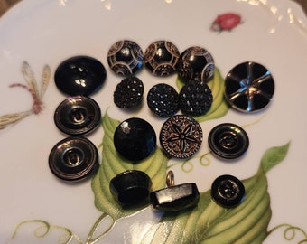 Antique Black Glass Buttons, Victorian Buttons, Circa 1900's, Button Jewelry, Dolls, Black Glass Buttons, Glass and Metal shanks, 16 In Lot