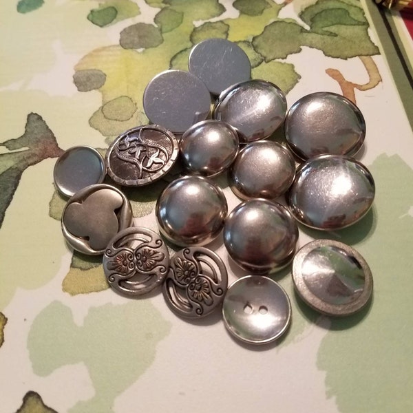 Vintage Silver Buttons, Metal, Shiney, Half Round, Bubble Buttons, Silver Buttons, Metal Self Shank SewThrough, Mix Lot, 16 In Lot, 18-27 mm