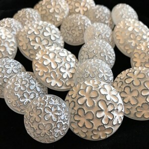 Vintage French White Floral Plastic Buttons: 1970s Domed Shanks, Set of 5
