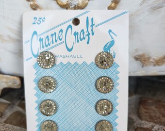 Vintage Buttons, Clear, Round, Swirl, Raised, Circles, Nubs, Domed, Dots, Clear, Slight Silver Tone, 8 In Lot, 11 mm, 7/16 Inch, Crane Craft