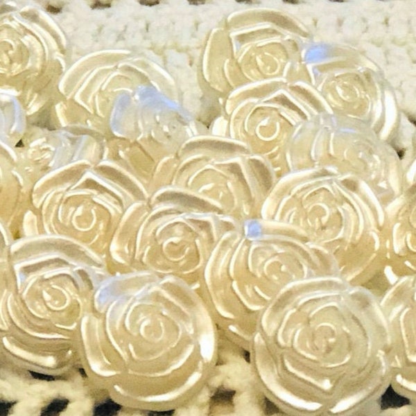 Vintage Plastic Rose Buttons, Ivory, White, Pearlized, Weddings, Bridal, Baby Buttons, Creamy Rose Buttons, Pearly Iridescent, Molded, 10